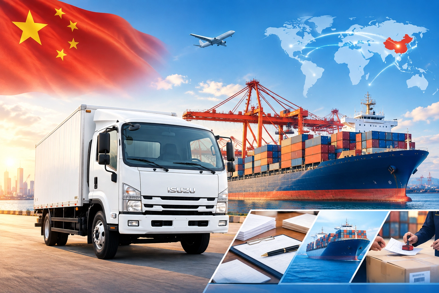 China Isuzu ELF light truck and GIGA heavy duty tractor unit loading onto Ro-Ro vessel for export